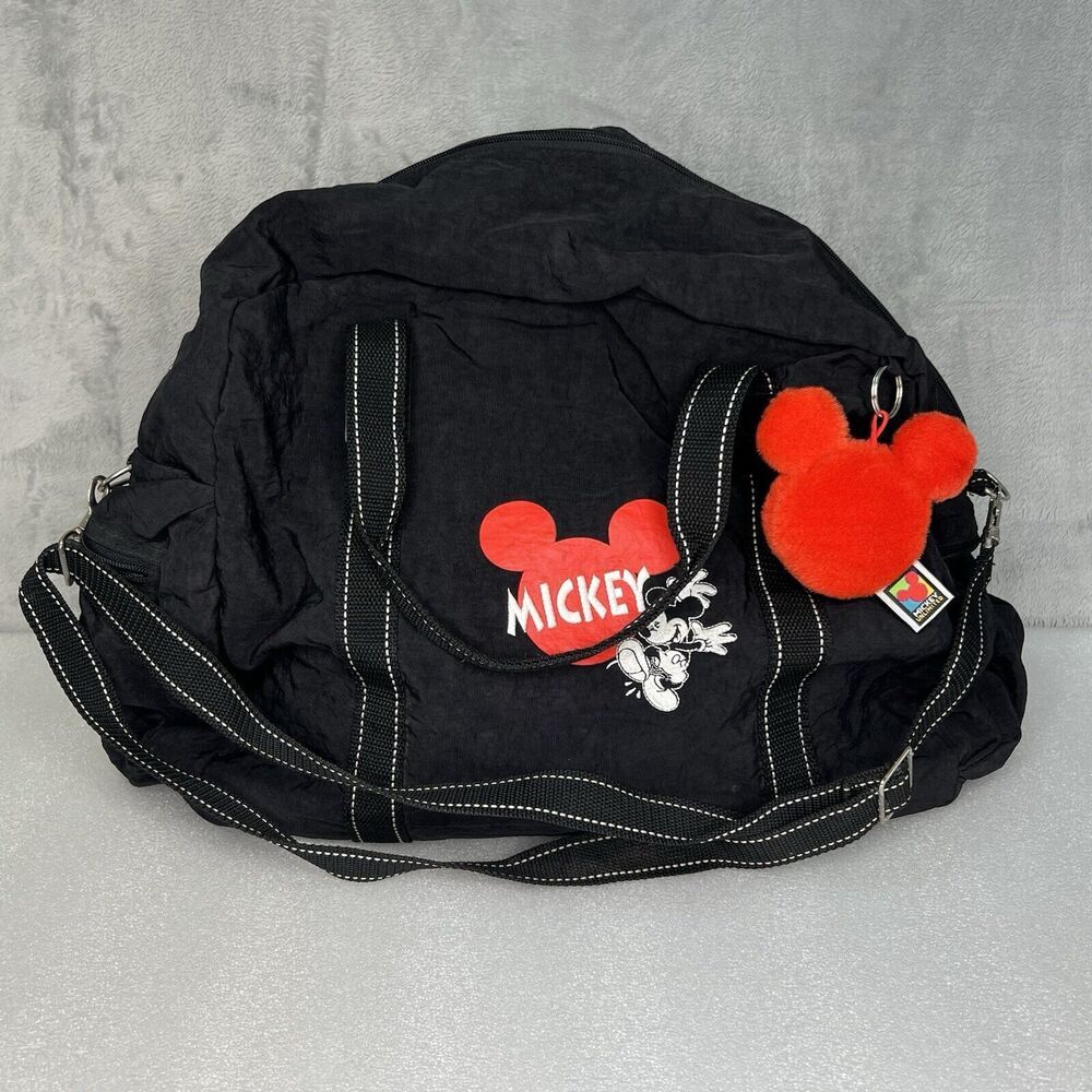 Disney Mickey Mouse Black Duffel Bag Fuzzy Red Mickey Unlimited Travel Shoulder‎